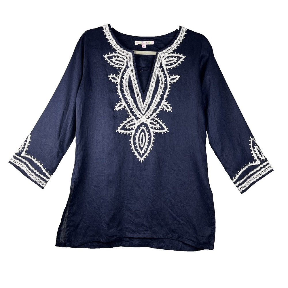 Barbara Gerwit Women's Top Sz XS Linen Navy White Embroidery 3/4 Sleeves‎ Resort